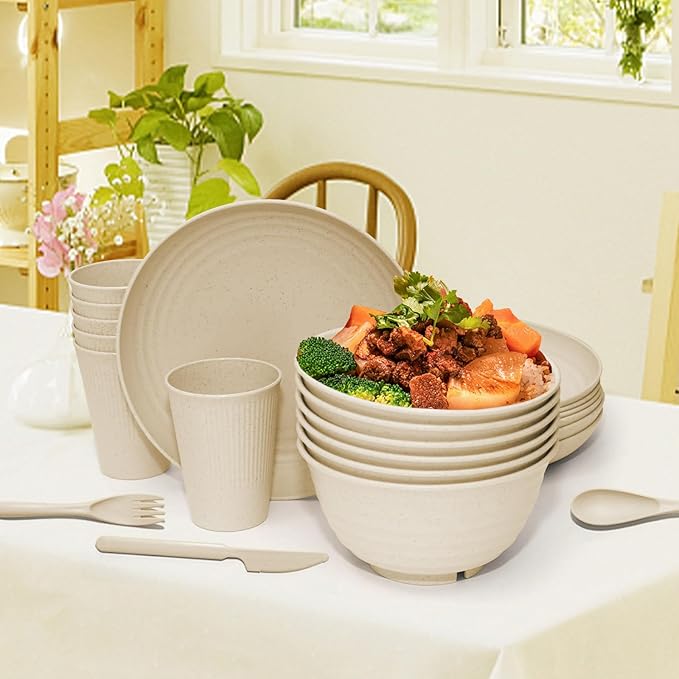 42 pcs Wheat Straw Dinnerware Sets - SHECIPIN Unbreakable Reusable Dinnerware Set Kitchen Cups Plates and Bowls Sets,Dishwasher Microwave Safe (Beige)