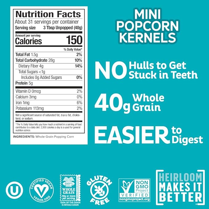 Heirloom Mini Popcorn Kernels by Pipcorn, Non-GMO, Vegan, Gluten Free Snacks, Healthy Unpopped Popcorn - 44 oz Jar