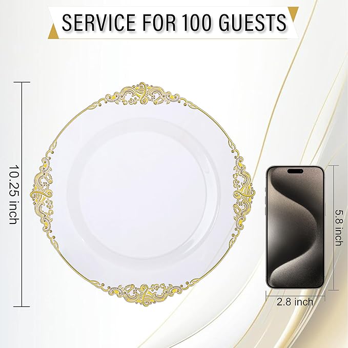 Nervure 100PCS Clear and Gold Plastic Plates - 10.25Inch Gold Disposable Plates - Heavyweight Dinner Plate for Wedding & Party & Thanksgiving