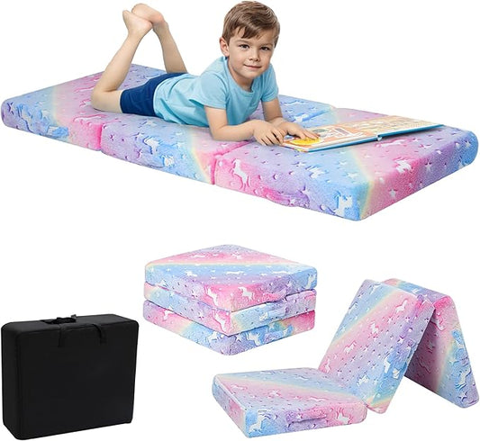 MeMoreCool Glow Rainbow Unicorn Foldable Floor Mattress for Kids, Trifold Nap Mat for Toddlers, Portable Daycare Sleeping Futon or Floor Bed, 75x25 Inch