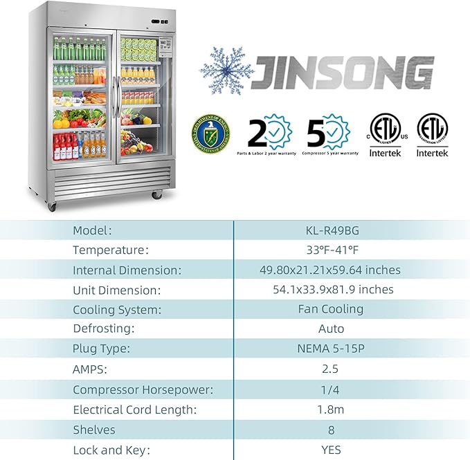 JINSONG Commercial Beverage Fridge Display Refrigerator, 54" Wide, Glass Door Refrigerator, Stainless Steel Beverage Cooler with LED Lighting & 8 Shelves for Restaurant, Office, Shop, Bar, 49 Cu.ft