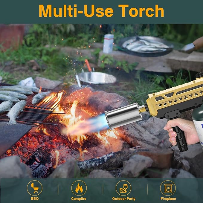 Sondiko Powerful Cooking Propane Torch Head, Culinary Torch Campfire Starter, Adjustable Weed Torch Burner for Searing Steak, BBQ, Welding (Gold & Black) Propane Tank Not Included