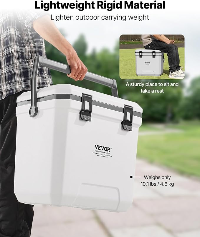 VEVOR Ultra-Light Hard Cooler, Ice Retention Cooler with Heavy Duty Handle, Ice Chest Lunch Box for Camping, Travel, Outdoor, Keeps Cool for up to 6 Days, 30% Lighter Than Rotomolded Coolers