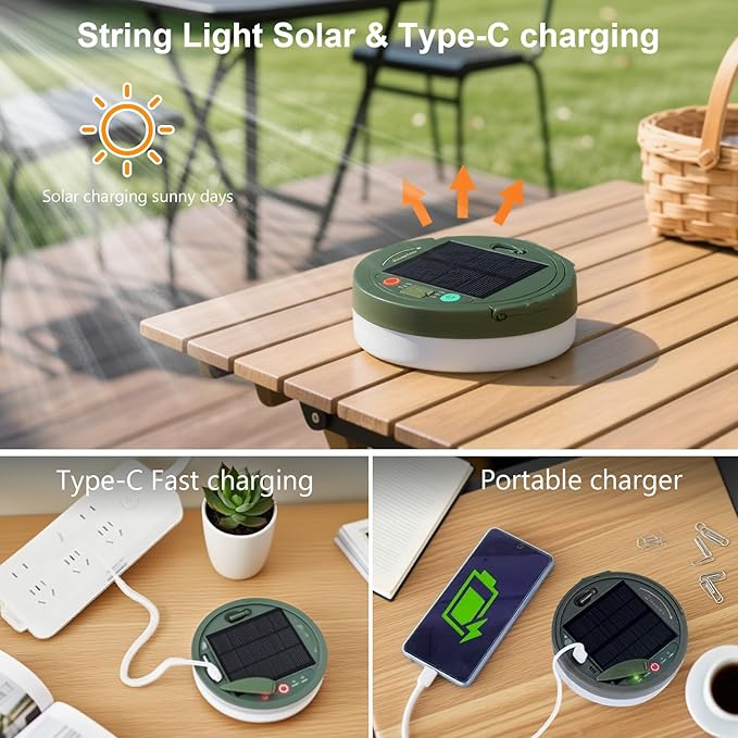 Camping String Lights, 4 in 1 Quick Storage Camping Essentials Gear, 32.8FT Solar Camping String Lights with 8 Lighting Modes & Timer, Hanging Waterproof Portable LED Lamp for Camping Gear