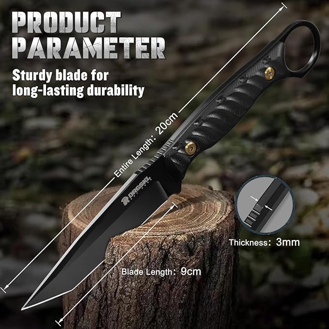 Tanto Fixed Blade Knife - Full Tang Survival Knives for Bushcraft, Camping Knives with Sheath, Black Knives Forged from a Single Piece of D2 Steel, Ideal Gift for Men