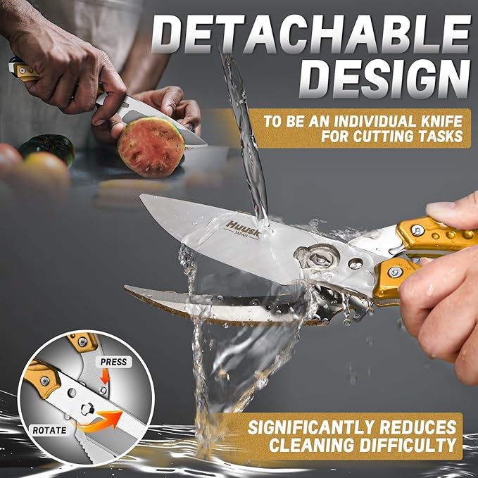 Huusk Kitchen Shears Heavy Duty-Detachable Meat Scissors for Chicken,Turkey, and Bone, Poultry Shears Ultra Sharp with Serrated Edge, All Purpose Cooking Scissors Golden