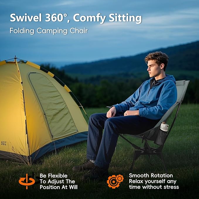 Swivel Camping Chair, High Back Folding Chair with Head Support, Side Cup Pocket, Stable Portable Outdoor Chair for Camp, Travel, Beach, Party, Fishing, Hiking, Backpacking, Black Red