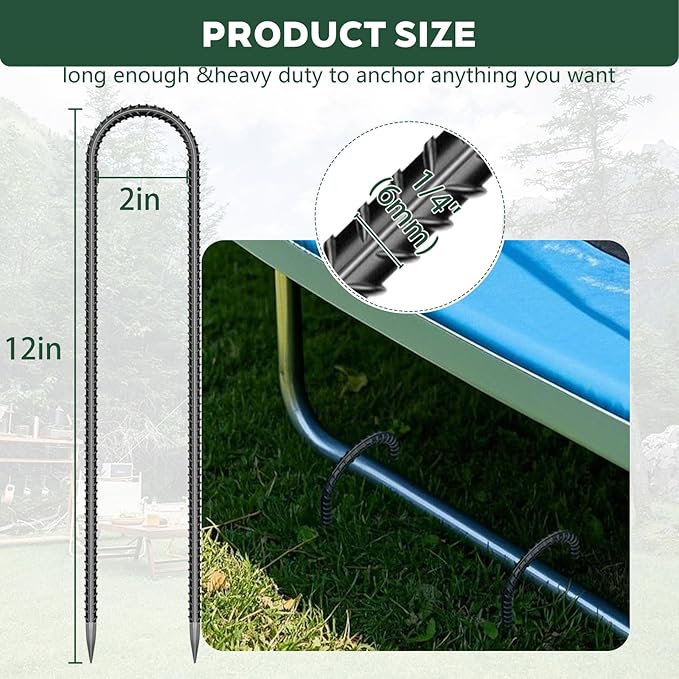 10 Pieces Trampoline Stakes Anchors High Wind Heavy Duty,U Shaped Garden Hooks Stakes for Ground,Trampoline Tie Downs Anchor Kit,Bounce Horseshoe House Stake,Rebar Camping Tent Stakes,12 Inch Long