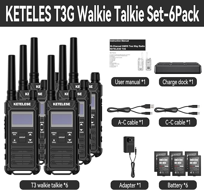 T3G Heavy Duty Walkie Talkies Type-C Rechargeable, IP67 Waterproof 2 Way Radios with Earpiece, Adapter, Dock, PTT Group, NOAA, VOX, 6 Pack Walkie Talkie for Adult Black/Grey
