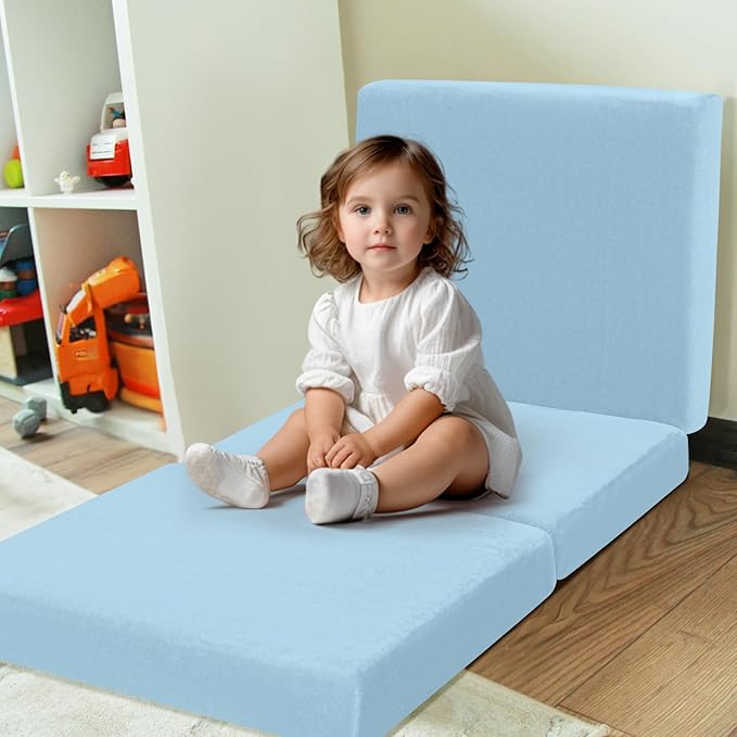 MeMoreCool Foldable Floor Mattress for Kids, Toddler Floor Nap Mat for Sleeping Daycare, Small Child Foldable Mattress Floor Bed, Trifold Futon Portable Tri Folding Mattress, Blue 57x22 Inch