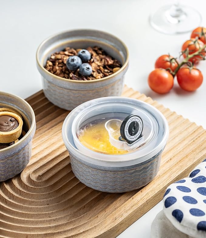 Ceramic Small Baking Dishes for Oven, 12oz Meal Prep Containers Charcuterie Bowls with Lids, Creme Brulee Ramekins Set, Pudding Custard Cups Fruit Souffle Bowls Set of 4, Grey Ripple