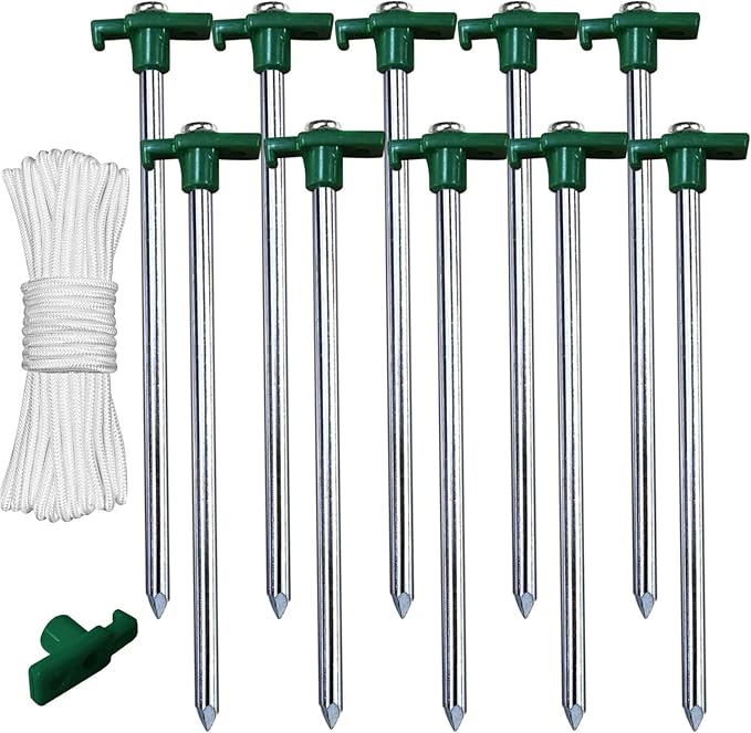 ABCCANOPY 15 Inch Tent Stakes 10 Pcs Non-Rust Metal Ground Anchors, Heavy Duty Spikes with 4 Ropes for Outdoor Camping, Green