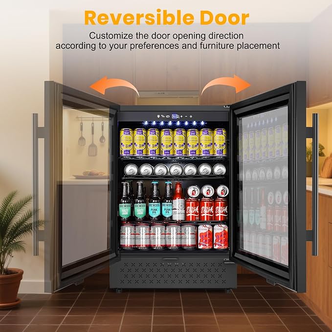 Beverage Refrigerator 24 Inch 200 Can Drink Fridge with Glass Door, Under Counter/Freestanding Beverage Cooler with Temperature Control, Reversible Door, Quick Cooling for Beer Soda Wine, Black