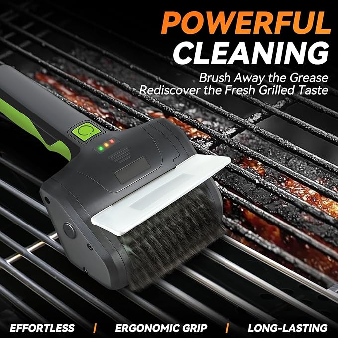 Auto Dynasty Cordless Electric Grill Brush, Rechargeable Grill Cleaning Scrub Brush with Rotating Cleaner Brush Head and Type-C Charging Cable for Outdoor Grill, Green/Black