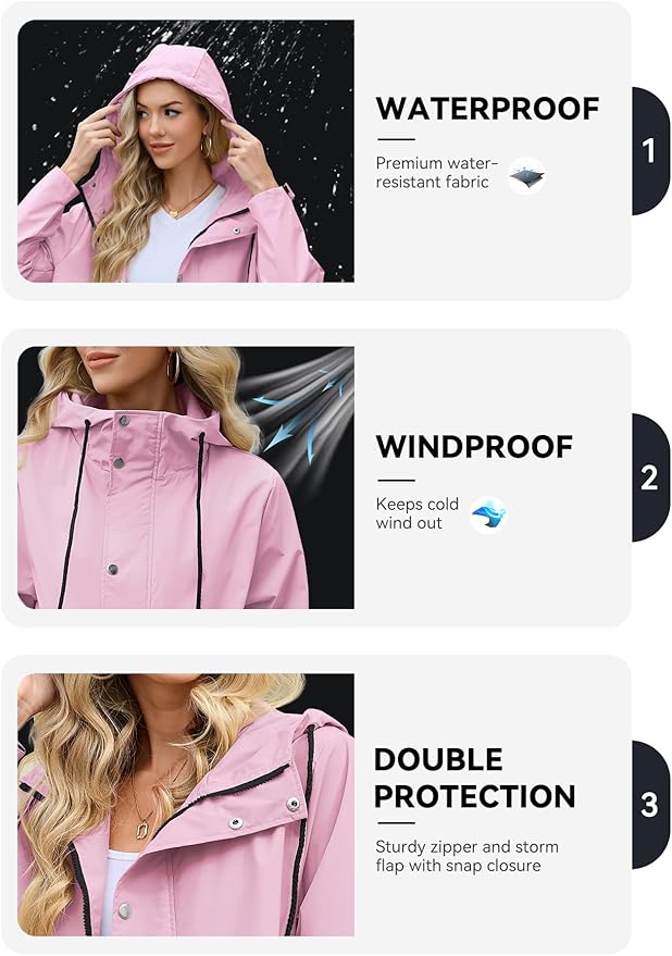 Zando Long Packable Rain Jacket Women Waterproof - Raincoat for Women Rain Coat with Hood Lightweight Outdoor Windbreaker