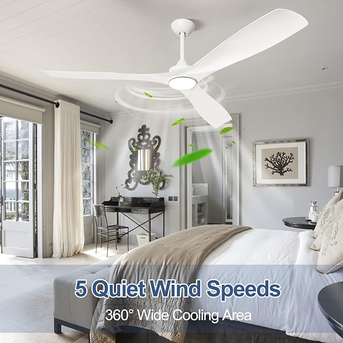 3 Blades Ceiling Fans with Light: White Ceiling Fans with Reversible DC Motor 5 Speed - 60 Ceiling Fan with Remote for Indoor Outdoor Covered Patios