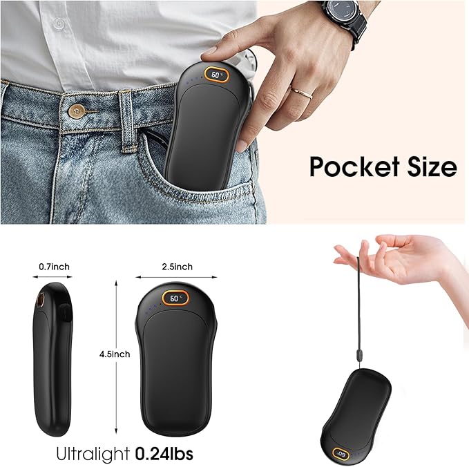 Hand Warmers Rechargeable,2 Pack Double Sided Heating Warmer That Surrounds Warmth for Palm and Fingers,Magnetic Electric Handwarmers 10000mAh with Adjustable Temp,Winter Gifts for Men and Women