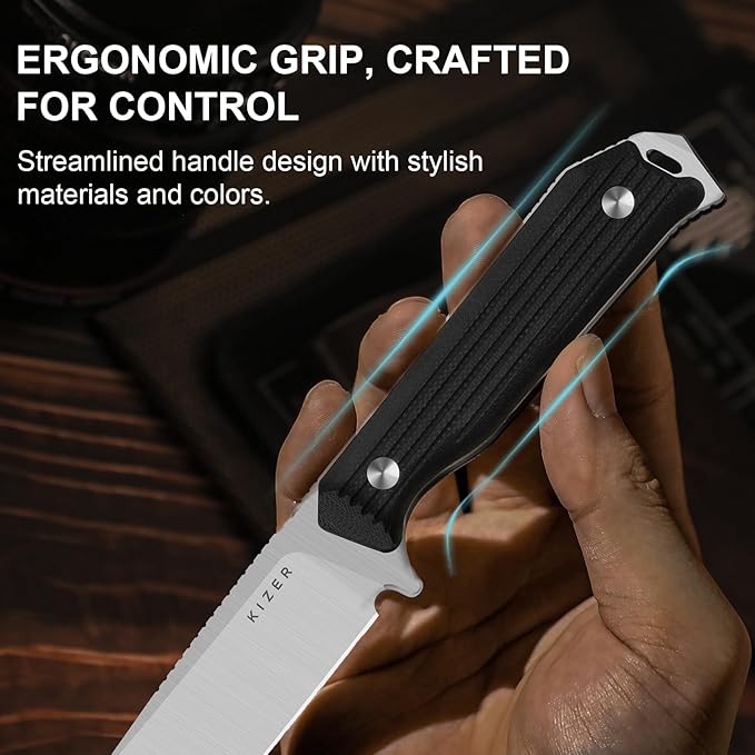 Kizer Begleiter Fix Fixed Blade Knife, 3.78" Drop Point AEB-L Blade Hunting Knives with Kydex Sheath, Black G10 Handle EDC Knife for Camping Hunting Survival 1045MD2