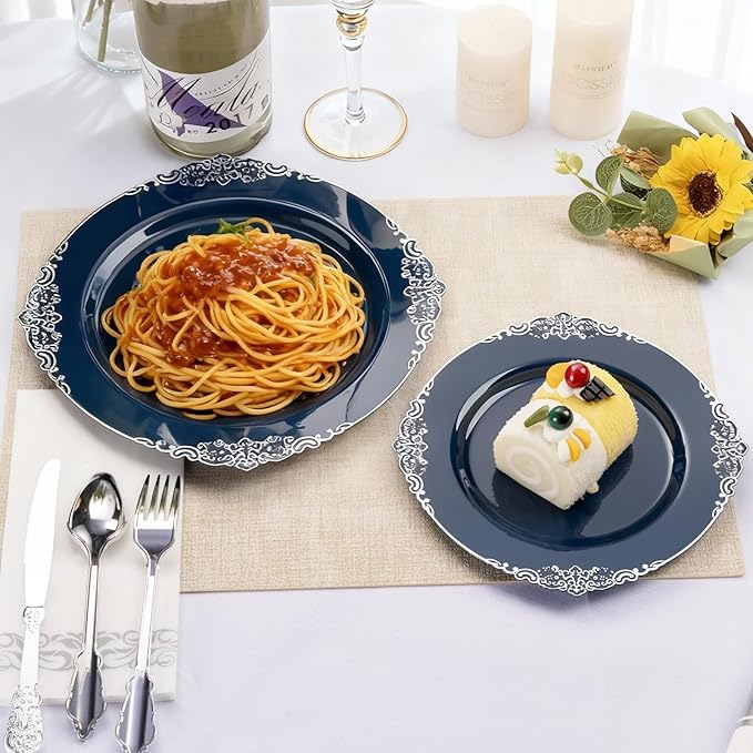 350PCS Navy Blue Plastic Plates for 50 Guests, Disposable Plates with Gold Trim include 50 Dinner and Dessert Plates, 150 Gold Silverware, 50 Cups, 50 Napkins for Party, Wedding & Graduation