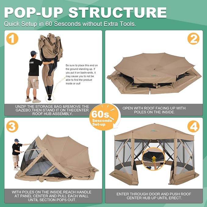 COBIZI 15x15ft Extra Large Pop Up Gazebo Canopy Tent with Mosquito Netting, Spacious Easy Set Up Screened Shelter, Durable Outdoor Pavilion with Ground Stakes, Perfect for Patio, Backyard,Khaki