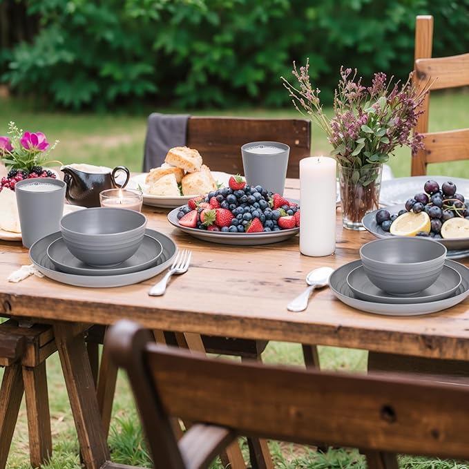 Supernal Dark Grey Wheat Straw Dinnerware Sets,16Pcs Unbreakable Reusable Plastic Wheat Straw Bowls & Plates Dinner Set, Plastic Dinnerware Set for 4, 8Plates, 4Bowls, 4Cups for Kitchen & Camping
