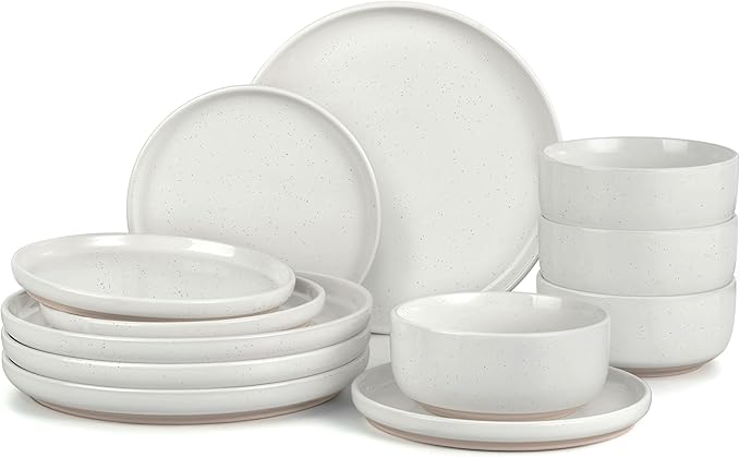 LIANYU Dinnerware Sets, 12 Piece Plates and Bowls Set for 4, Ceramic Dishware Dishes Set, Scratch Resistant Kitchen and Dining Stoneware Plates, Microwave & Dishwasher Safe, Snowy White