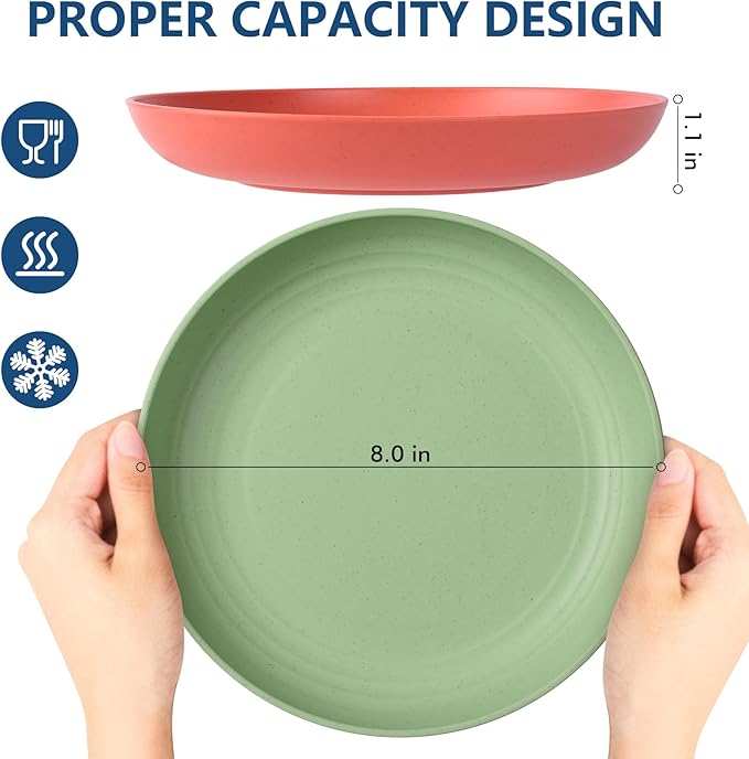 HOTEC 8-Pack 8inch BPA Free Unbreakable Deep Plastic Plates, Wheat Straw Camping Plates Dishwasher Safe Kitchen Plates Dinnerware Multicolor