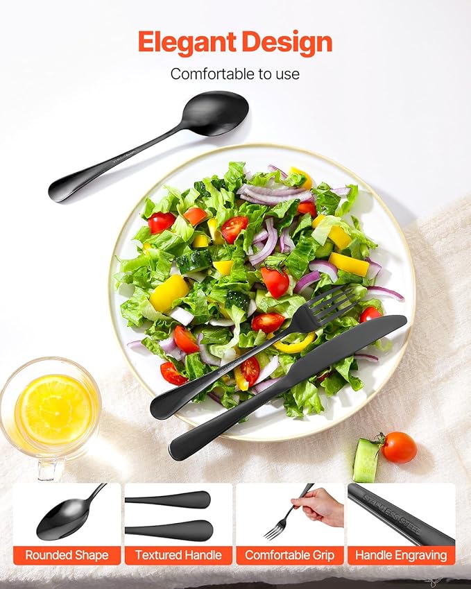 VEVOR 30-Piece Black Silverware Set, Food-Grade Stainless Steel Flatware Utensils for 6, Mirror Finished Cutlery Set, Dishwasher Safe Eating Tableware for Kitchen Home, Include Knife Fork Spoon