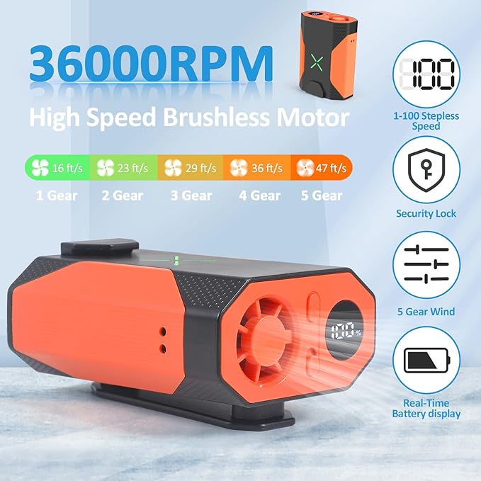 Mini Portable Waist Fan - 100 Speeds 36000RPM Strong Airflow 4500mAh Battery Powered Max 16H Cooling - Mini Waist Neck Handheld Fan for Outdoor Jobsite Camping Travel, Orange