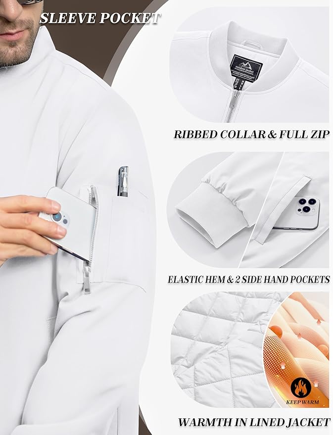 Cotrasen Mens Bomber Jacket Fall Winter Warm Windbreaker Casual Full Zip Padded Coats with Pockets