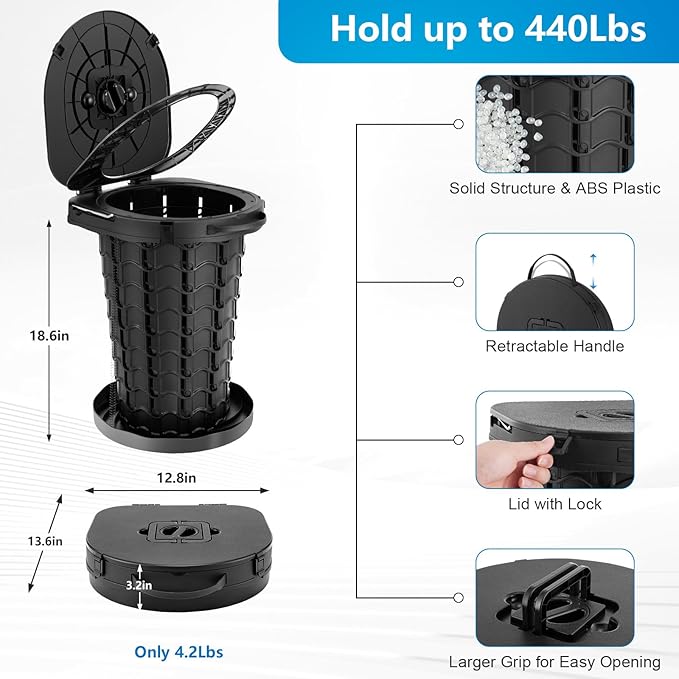 imodomio Retractable Portable Toilet Camping Toilet - Adjustable Height Camp Toilet Portable Potty for Camping, Car, Travel, Boat, Beach, Tent and Emergency Use