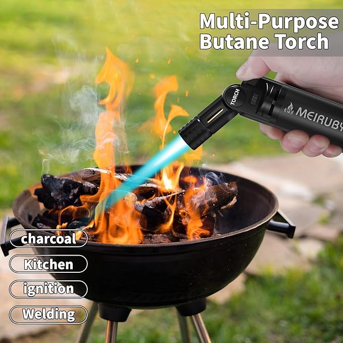 Butane Torch Lighter with Adjustable Jet Flame Head Angle/Safety Lock, Refillable Portable Culinary Blow Torch for Kitchen Cooking, Baking, BBQ, Welding & Camping