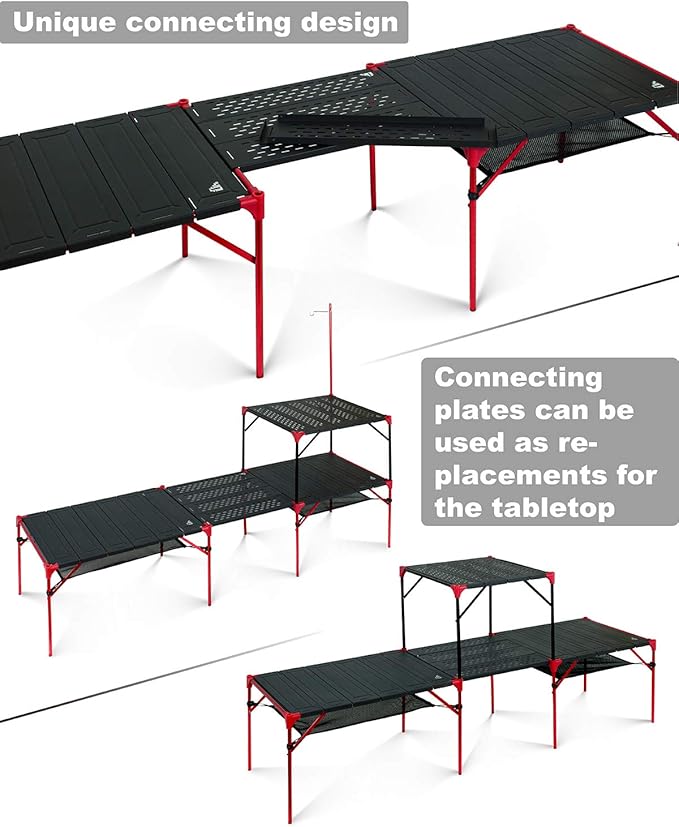 iClimb Extendable Folding Table Large Tabletop Area Ultralight Compact with Hollow Out Tabletop for Camping Backpacking Beach Concert BBQ Party, Three Size (Black - L + Hanger)