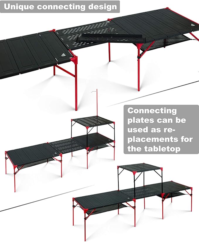 iClimb Extendable Folding Table Large Tabletop Area Ultralight Compact with Hollow Out Tabletop for Camping Backpacking Beach Concert BBQ Party, Three Size (Black - S + Hanger)