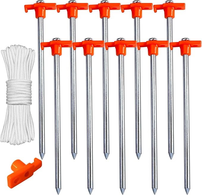 ABCCANOPY 11 Inch Tent Stakes 10 Pcs Non-Rust Metal Ground Anchors, Heavy Duty Spikes with 4 Ropes for Outdoor Camping, Orange