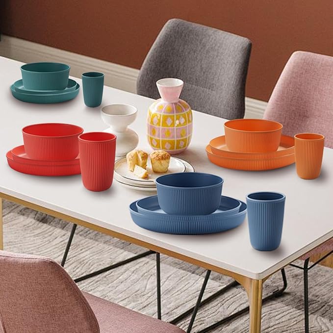 16PCS Wheat Straw Dinnerware Sets Reusable Unbreakable Dinner Plates Set for 4 Serving Bowls and Cups Microwave Dishwasher Safe Dinnerware for Kitchen Camping