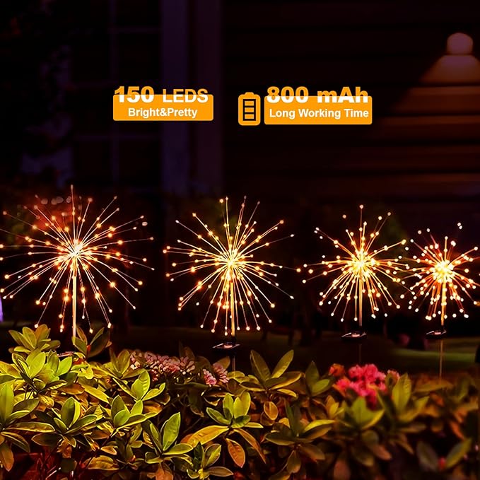 Solar Fireworks Lights for Outside, 150LED 8 Modes Fireworks Solar Lights Outdoor, Fairy Garden Flowers for Yard Pathway Wedding Party Christmas Diwali Garden Decor 6Pack (Warm White)