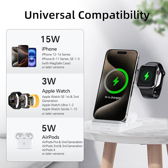 Wireless Charger, Tribone 3 in 1 Foldable Fast Charger for iPhone 16 15 14 13 12 11 Pro Max XR XS 8 Plus,for Multiple Devices,for Apple Watch 10 9 8 7 6 5 4 3 2 SE Ultra,for AirPods Pro 4 3 2 (White)