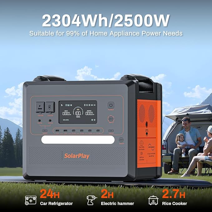 SolarPlay 2500W Portable Power Station 2304Wh(Peak 4800W), Power Station With Cart, 1.5Hrs Fast Charging LFP Battery, 4 AC Outlets Emergency Solar Generator forF Home Backup, Camping, Outdoor