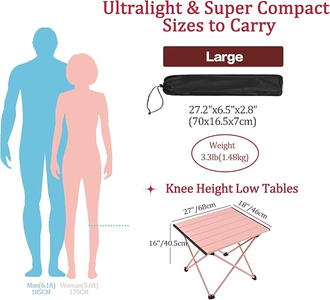 Grope Portable Camping Table with Aluminum Table Top, Folding Beach Table Easy to Carry, Prefect for Outdoor, Picnic, BBQ, Cooking, Festival, Beach, Home (Pink-L)