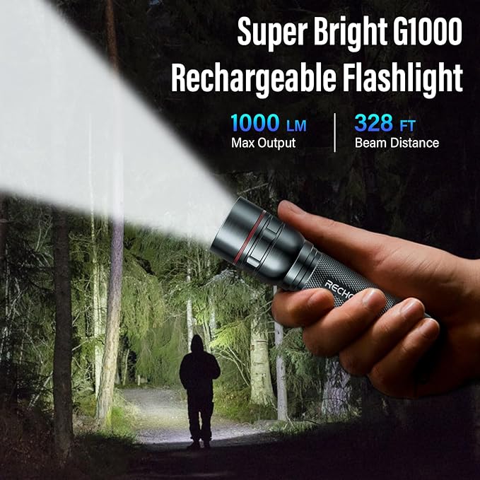 Rechargeable Flashlights High Lumens, G1000 Super Bright Flash Light 2 Pack, Small Zoomable LED Flashlight with 3 Lighting Modes, Portable Flashlight for Camping Essentials (Battery Included)-Grey