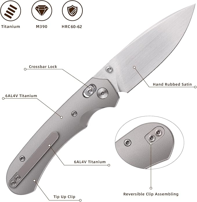 Folding Pocket Knife,3.31” M390 Blade,Erogonomic Titanium Handle,Hunting Survival Knife,EDC Knife for Hunting Camping Survival Outdoor Fishing Hiking(Grey)