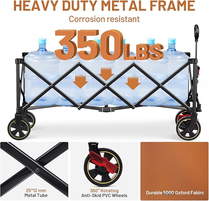 Timber Ridge 51.2'' Extended Collapsible Wagon Cart with Brakes and Cargo Net, 350LBS Heavy Duty Foldable Utility Wagon with Adjustable Handle, 400L Capacity Portable Cart for Camping Sports, Orange