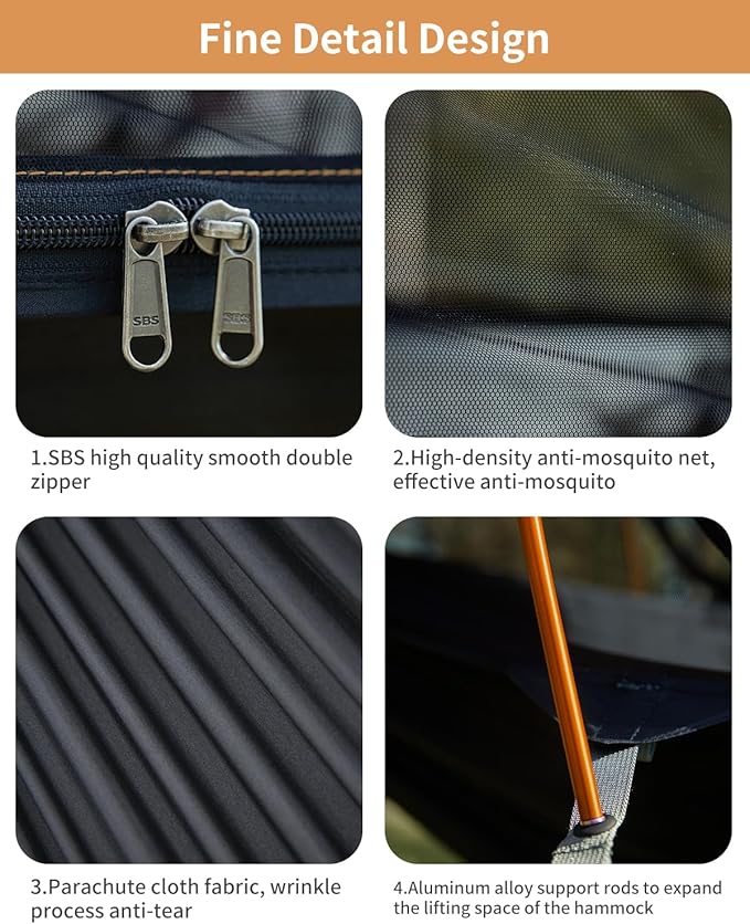 Camping Hammock Tent with Mosquito Net and Sunshade, Extra Large for 2 Person, Lightweight Hanging Hammocks Tree Straps, Bivvy Ground Tent for Outside, Hiking, and Travel