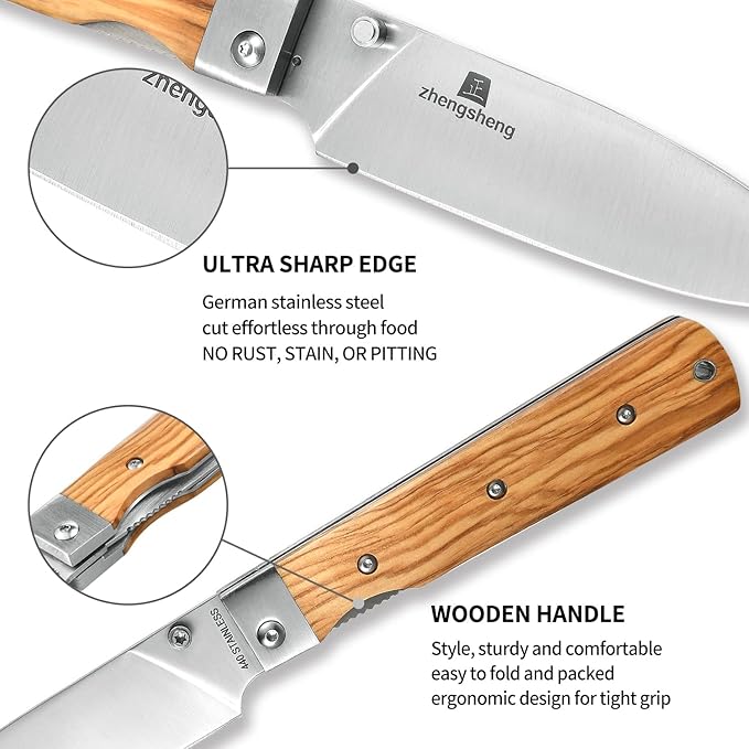 4.5-Inch Folding Kitchen Knife with Ultra Sharp 440A Stainless Steel Blade and Natural Olive Handle for BBQ, Peeling, Outdoor Camping