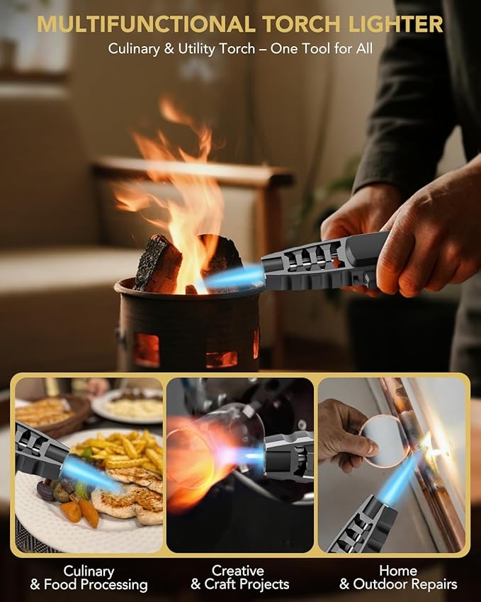 TBTeek Butane Torch Lighter - Adjustable Jet Flame Lighter, Blow Torch, Refillable Bright Fire Torch, Cooking Torch with Safety Lock for Kitchen, BBQ, Baking, Candle, Camping, Black (Gas Not Included)