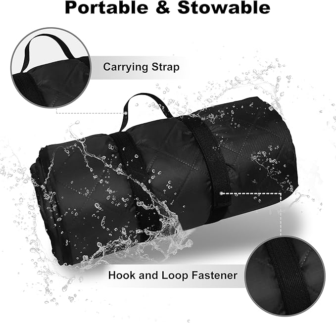 Waterproof Outdoor Blanket 82”X 55” Packable, Stadium Blankets for Camping with Fleece Lining, Large Windproof Emergency Throw Mat for Garss Picnic Hiking Road Trip, Machine Washable, Black 280GSM