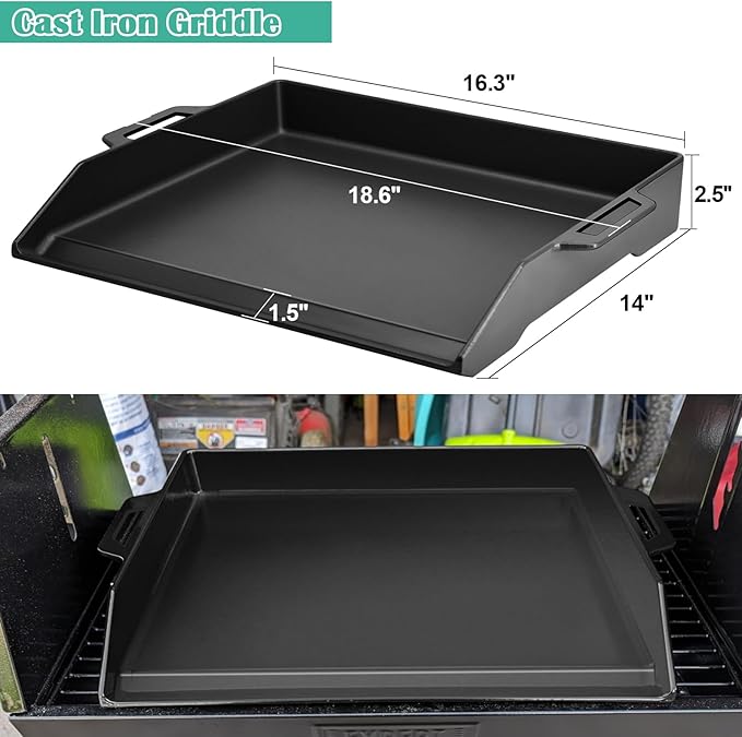 Hiorucet 18 Inch Cast Iron Griddle, Large Flat Top Plate for Gas Grills and Range Oven, Universal BBQ Cooking Grill Griddle Pan Insert with Handles for Indoor/Outdoor, Camping, Tailgating, Parties.
