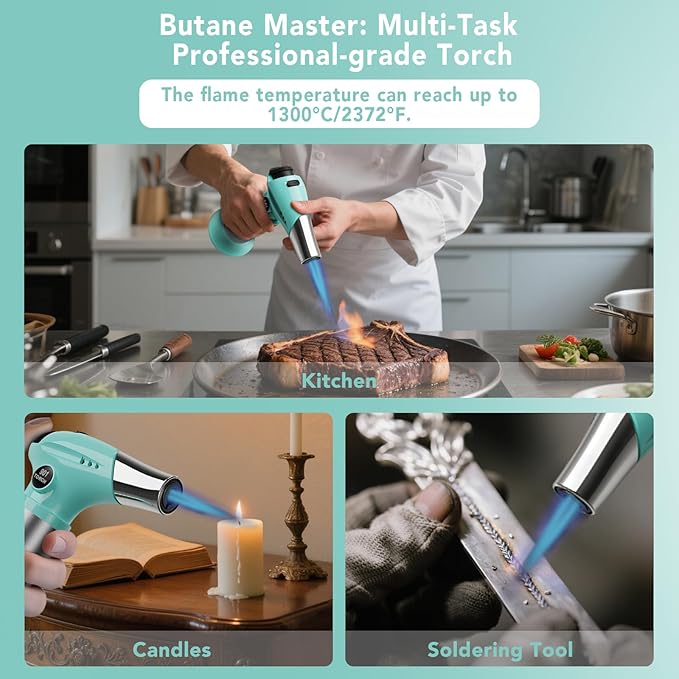 Sondiko Blow Torch with Fuel Gauge S901, Refillable Butane Torch Lighter with Adjustable Flame for Creme Brulee DIY, Creme Brulee, BBQ and Baking, Butane Gas Not Included