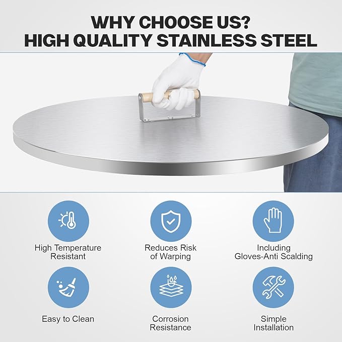 Fire Pit Lid Cover Round - 28" Stainless Steel Rust Resistant Firepit Cover or Table with A Wooden Handle for Patio Fire Pit, Weatherproof for All Seasons, Fits Fire Pits Up to 26"